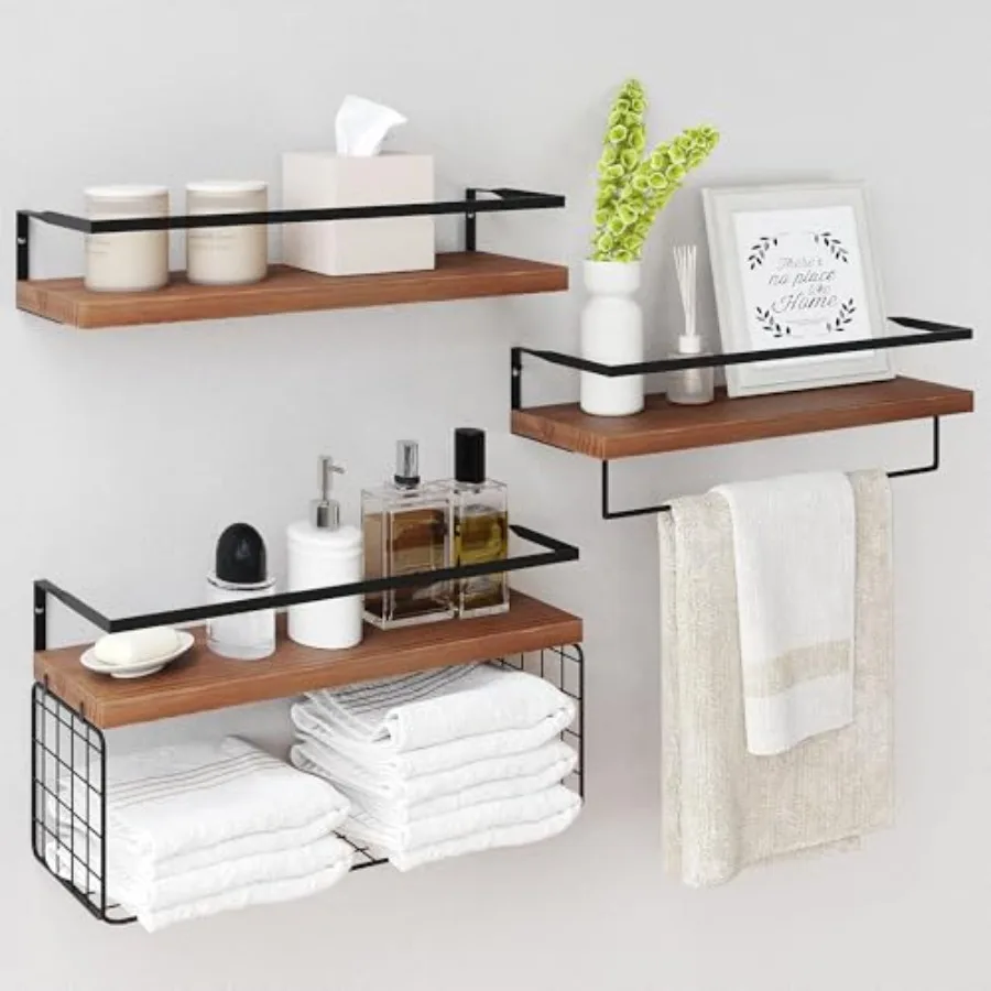 

Wood Floating Shelves Wall Mounted 3+1 Tier Rustic Bathroom Shelves Over Toilet with Wire Storage Basket Towel Bar Set of 3 Far
