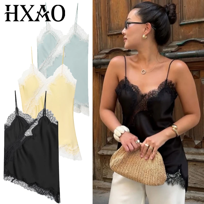 HXAO-Top asimétrico para mujer, camisetas sin mangas y camisola Y2K de encaje negro con hombros descubiertos, camisola elegante sin mangas y espalda descubierta 2025
