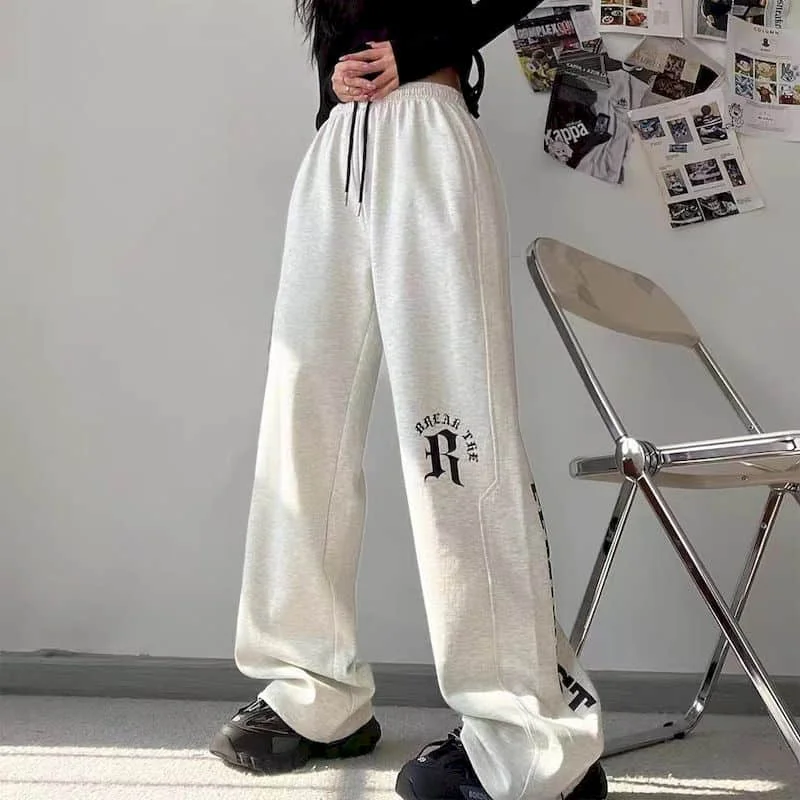 

Women Pants Grey Letter Print High Street Hip-hop Elastic Waisted Jazz Sporty Trousers Korean Fashion Streetwear Women Clothing