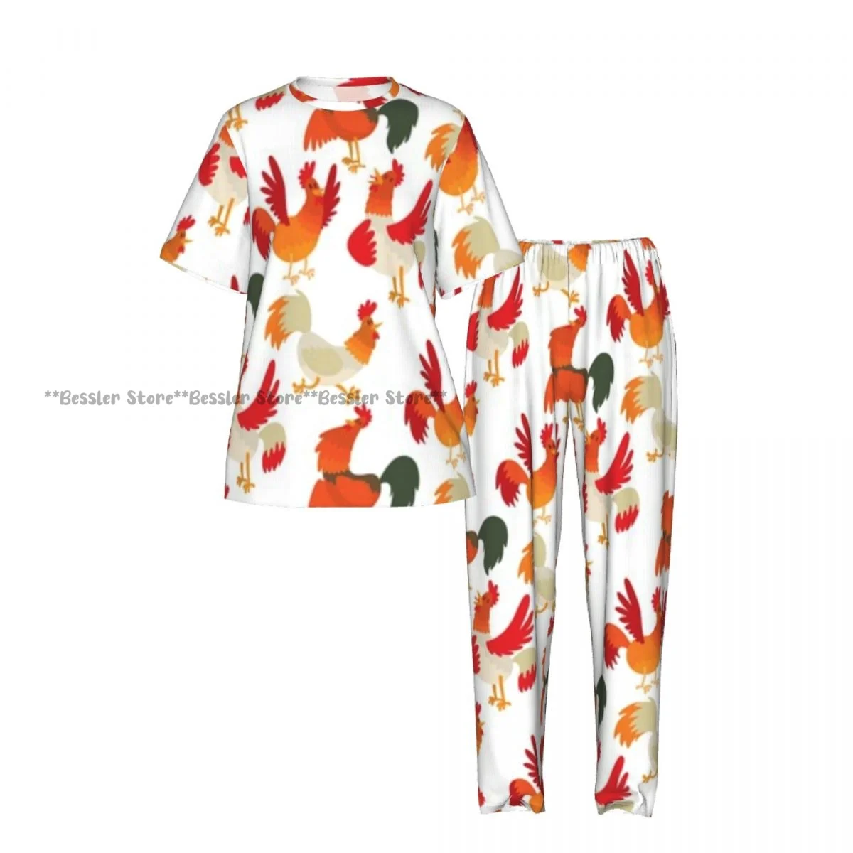 Women Pajama Sets Lounge Sleepwear Cute Cartoon Rooster Illustration Short Sleeve Nightwear