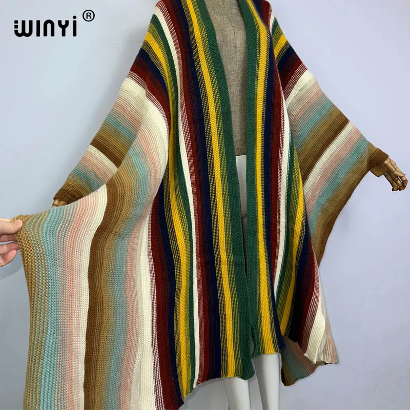 WINYI mantel bulu mewah untuk wanita, pakaian musim dingin motif garis-garis, mantel bulu longgar tebal hangat, kardigan modis untuk wanita