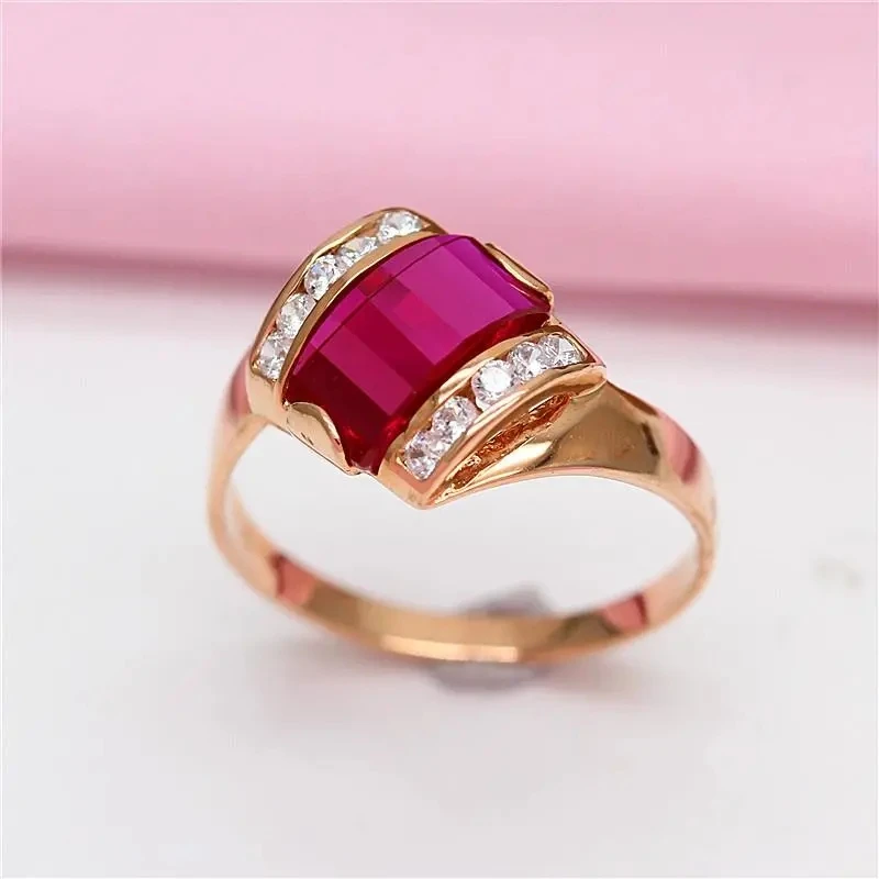 585 Purple Gold Plated 14K Rose Gold Inlaid Ruby Rings For Women Geometric Opening Unique Charm Elegant Engagement Jewelry