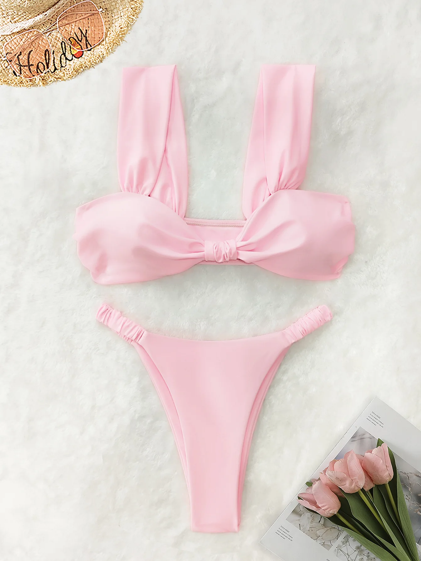 Melphieer Solid Swimsuit Women Separate Swimwear Bandeau Bikinis Set Chest Knot Bikinis De Mujer 2025 Maillot De bain Femme Swim