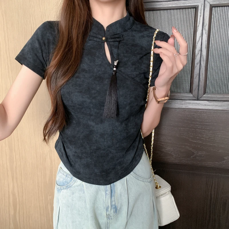 Short Sleeve Stand Collar Women Blouse Tassel Chinese Style Blouse Shirt Women Tops  Blusas Mujer De Moda 2024 Verano J672