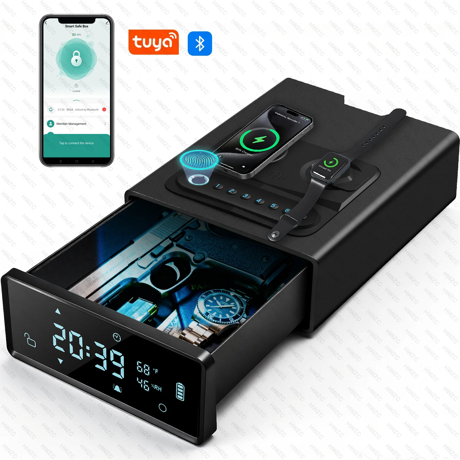 

Сейф-копилка Tuya APP: Скрытый хранилище-сейф с разблокировкой по отпечатку пальца, поддержкой беспроводной зарядки и будильником