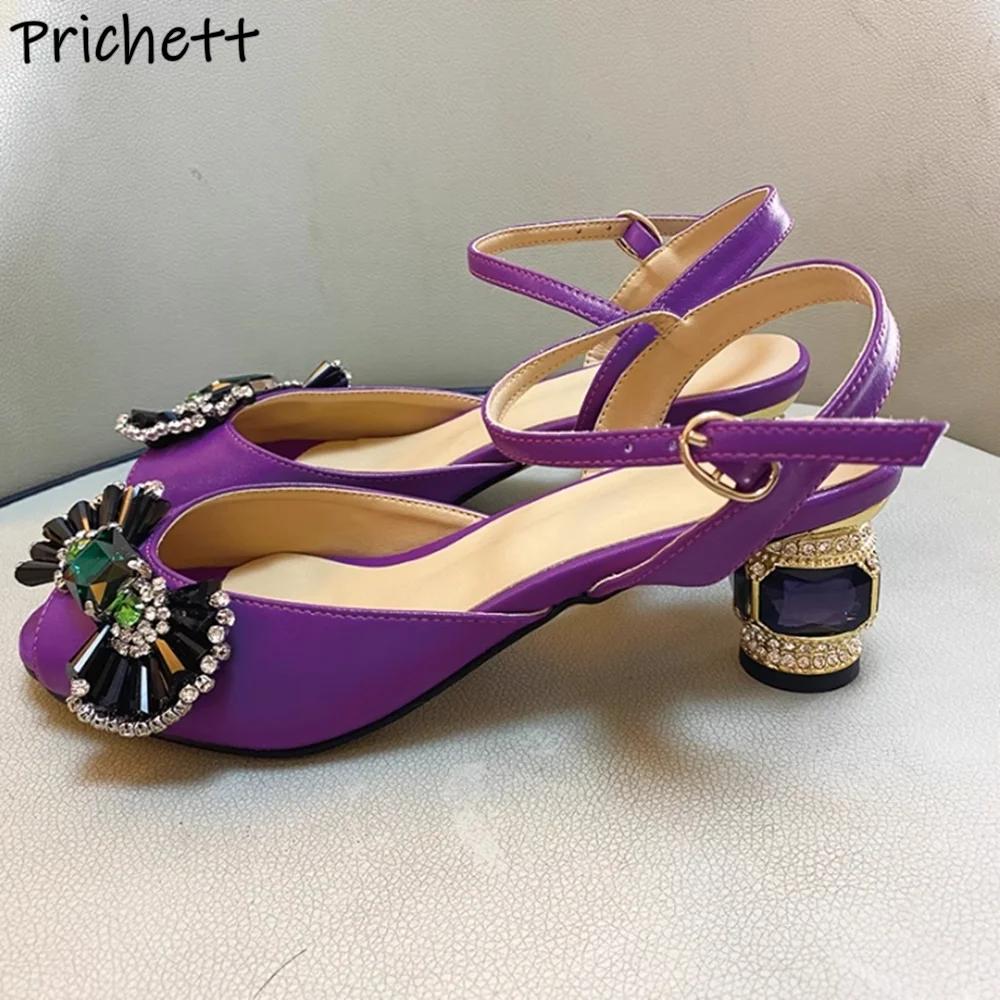 

Rhinestone Butterfly Knot Sandals Luxury Crystal Strange Style Heels Peep Toe Buckle Strap Solid Shoes Purple Pink Leather Shoes