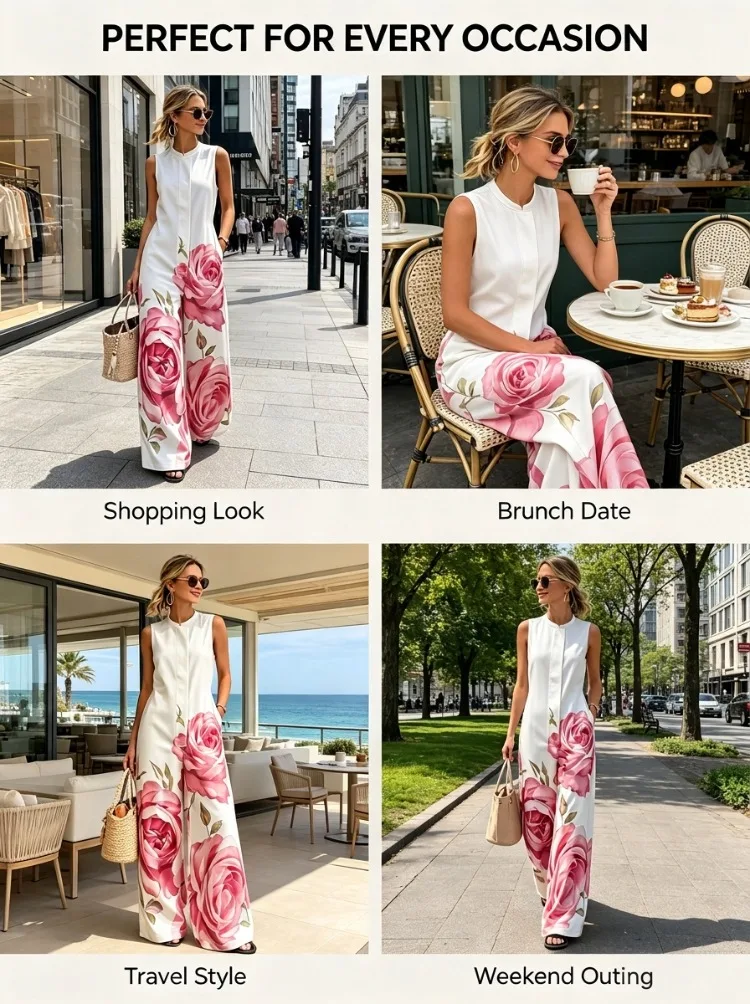 UOOZEE Women's Elegant Chic Big Rose Printed Sleeveless Jumpsuits 2026 New Loose Pockets High Waisted Wide Leg Casual Romper