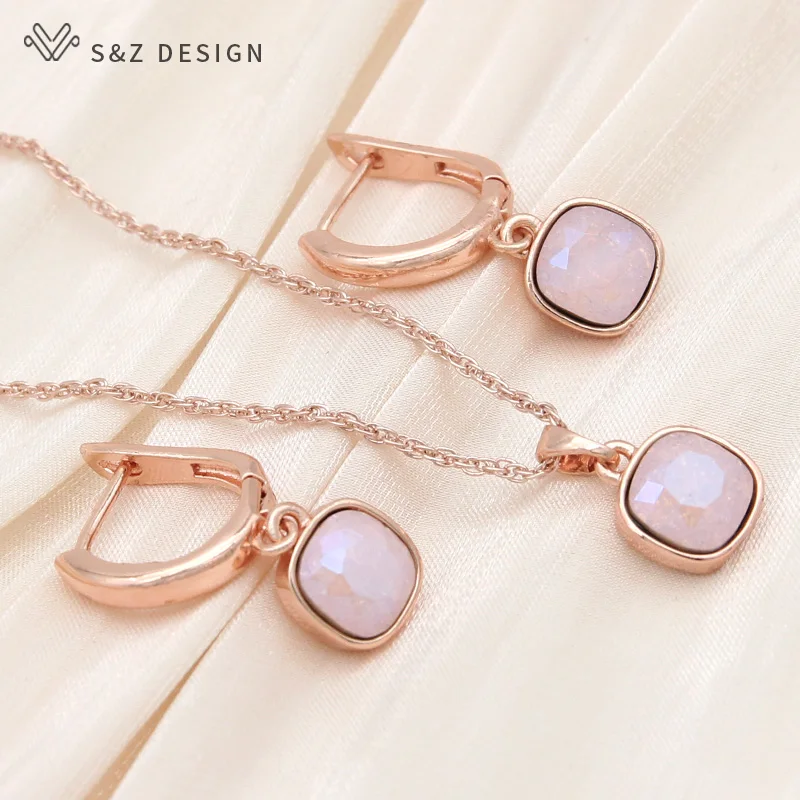 S&Z DESIGN Square Crystal Dangle Earrings 585 Rose Gold Color Jewelry Sets For Women Gift Anti-allergy Eardrop