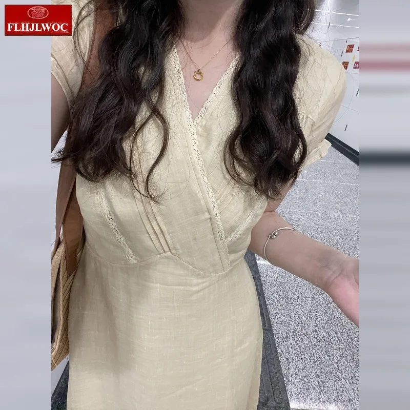 Abiti lunghi dal design francese Nuova moda estiva manica corta scollo a V pizzo giallo retrò vintage chic abito camicia di lino coreano