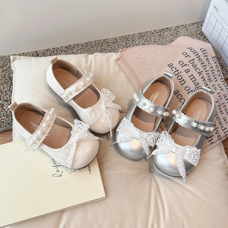 

Girls Leather Shoes Mesh Lace Bow Kids Princess Shoes Round Toes Sweet 2025 New Girls Flat Shoes for Party Wedding Cute Pearl