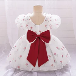 Fairy Big Bow Baby Girl Dress Christmas Costume Flower Short Sleeve Weddidng Princess Prom Party Dresses for Girls Birthday Gown