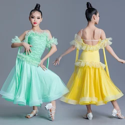 Kids Ballroom Dance Competition Dress Lace Standard Dancing Clothes Girls Tango Practice Wear Waltz Dance Stage Costume VDB6646