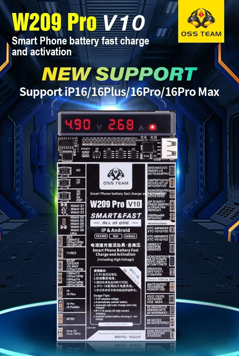 

OSS W209 Pro V10 Battery Activation Board 5-9V Voltage for IPhone 6-16P and Samsung Xiaomi Android Current Voltage Detection