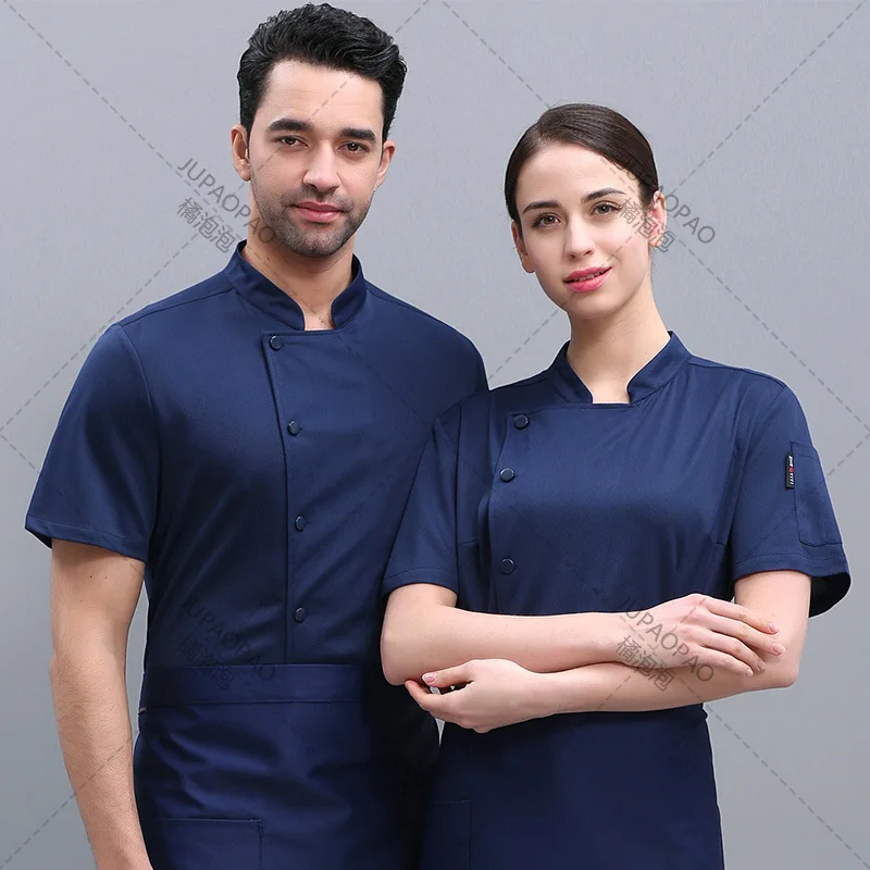 Jaqueta de Cozinha Masculina Ocidental Restaurante Cor Sólida, Uniforme de Cozinheiro Feminino, Verão, Respirável 360 °, Preto e Branco, Chef Outfit, Hotel