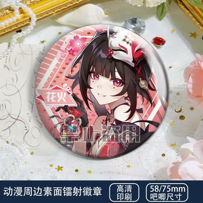 Honkai Impact Kiana Kaslana Bronya Zaychik Popular Game 2D Peripheral 58mm Tinplate Laser Badge Anime Lapel Pins for Backpacks