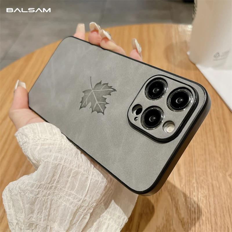 Luxus matte weiche Wildleder Leder Ahornblatt Muster Fall für iPhone 15 14 plus 13 11 12 Pro x xs max xr stoß feste Silikon hülle