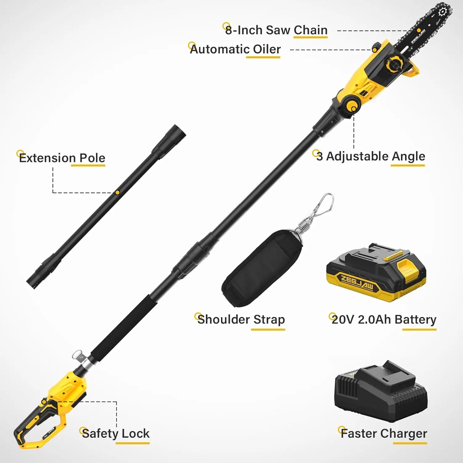 8-Inch Pole Saw for Tree Trimming Cordless 15-FT Max Reach, Auto Oiling, Tool-Less Electric Pole Saw, Tree Trimmer with Battery