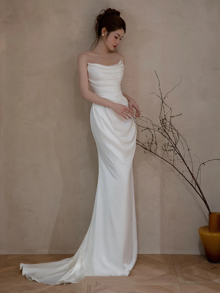 

Элегантное свадебное платье из атласа с силуэтом «русалка», длинная юбка, облегающий лиф, длина в пол, для использования в отелях и на закрытых площадках