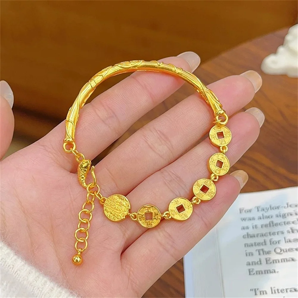 AU999 24K Solid Women Five Emperor Coins Embossed Half Bangle Adjustable Gold Bracelet Lucky Best Friend Valentine Gift