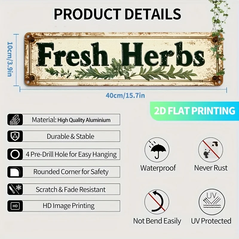 1pc Matériau 2D Plat pour Fins Décoratives Seulement Panneau Métallique Vintage,Thème: Herbes Fraîches,Trous Pré