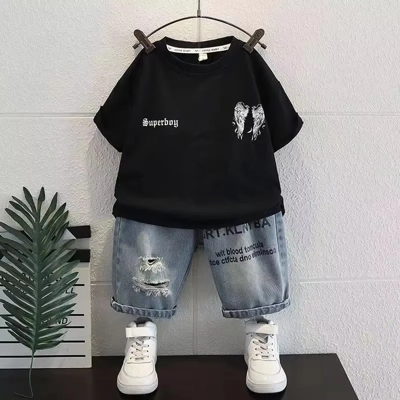 Baby Boys Summer Clothes Short Sleeve Wing Print Pullover T-Shirt+Jeans Shorts 2PCS New Kids 1  3  5  7 9 11 Years Sport Outfits