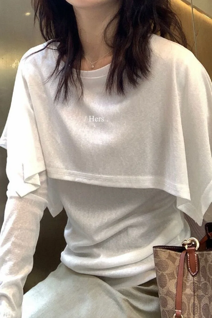 

Korea Fashion Versatile Shawl Collar Fake Two-Piece T-Shirt Women'S Spring Autumn New Niche Design Fashionable Pullover Top