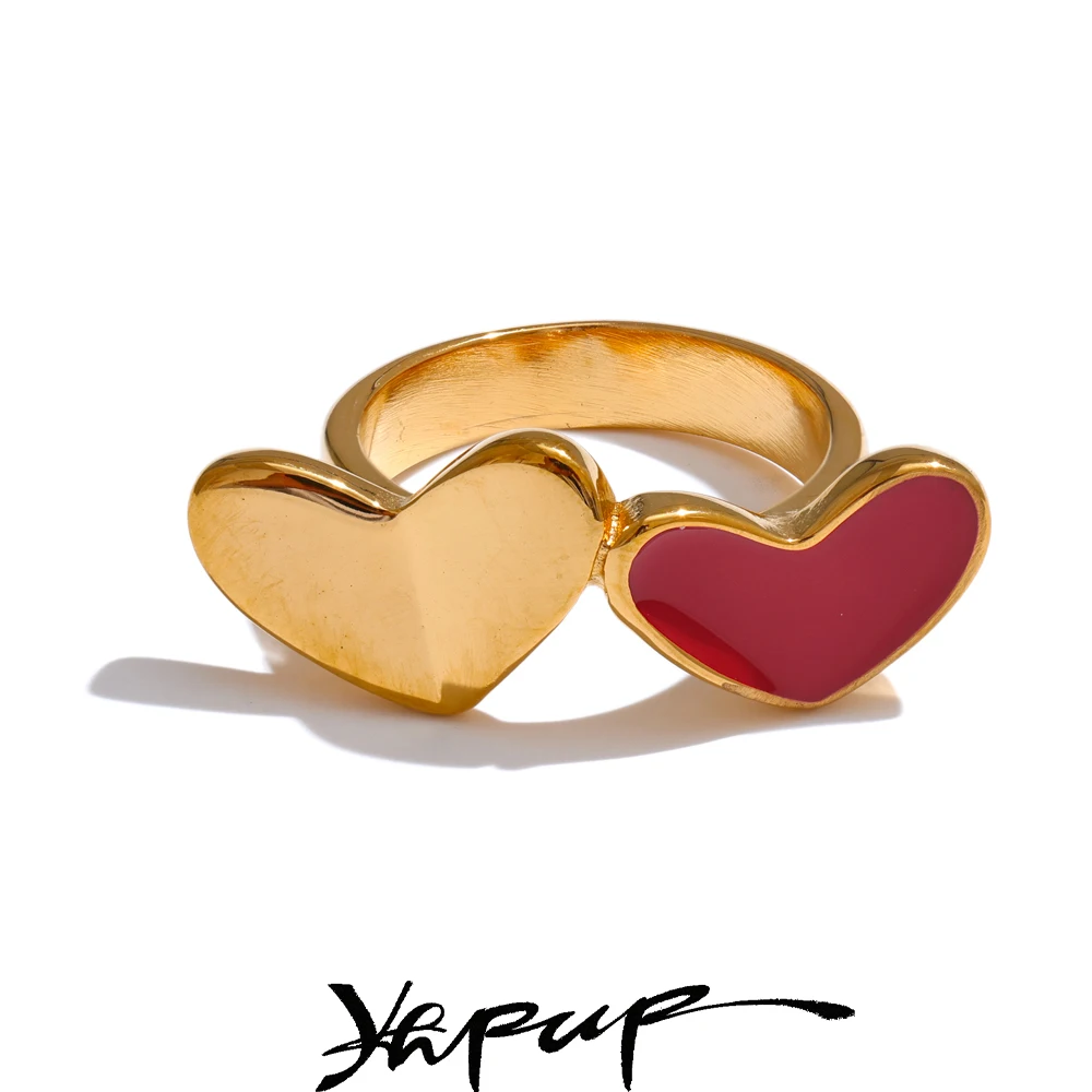 Yhpup 678# Stainless Steel Red Enamel Heart Stylish Ring 18K Gold Color Plated Romantic Valentine's Day Gift Smooth Jewelry