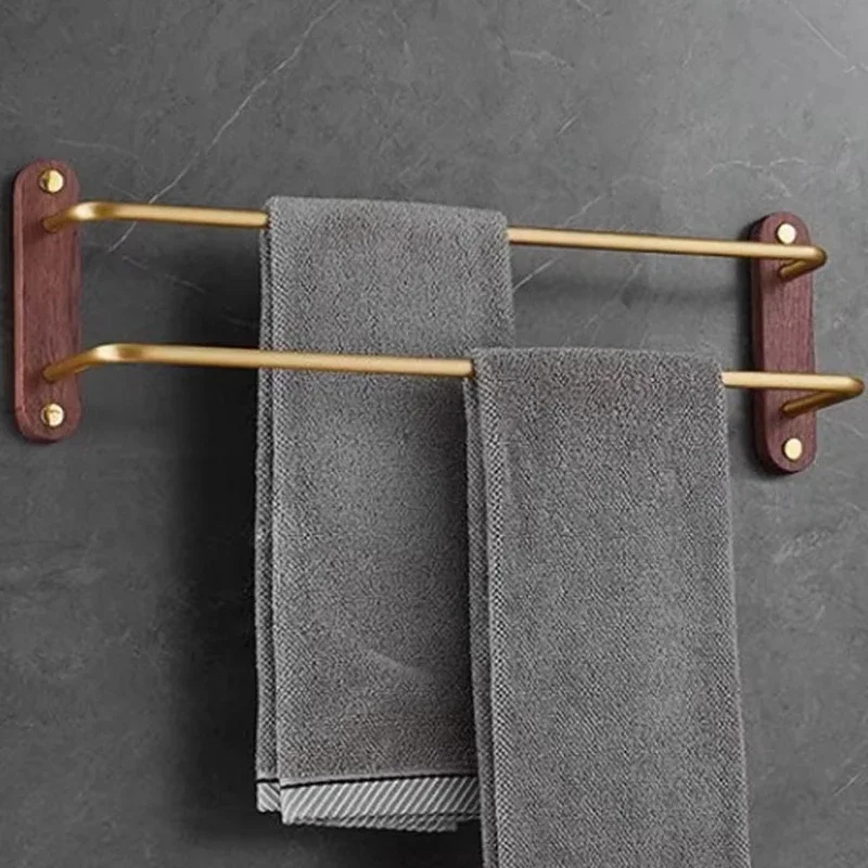 yes50cm Gold Walnut Towel Bar Non‑Perforated Wall Mounted Luxury Double Towel Rack Bathroom Storage Holder Bathroom Accessories