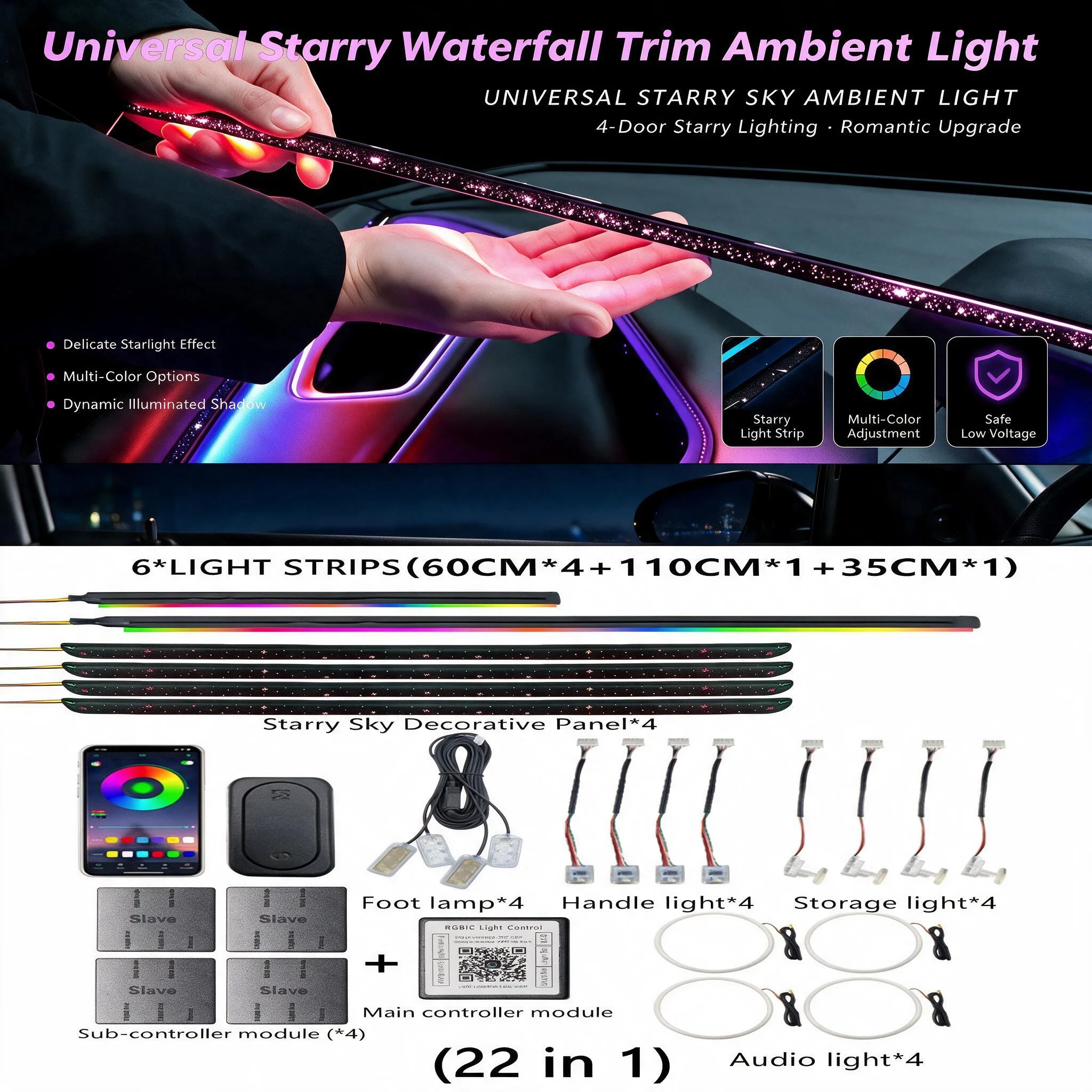 Car Dashboard Light Fiber Optic - 18/22 dalam 1 Lampu Ambient Interior