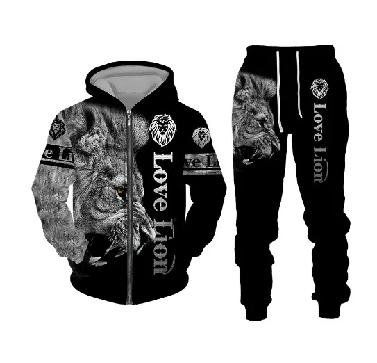 

3D Lion Printed Zip Hoodie + Pants Suit Cool Men/Women 2 Pcs Sportwear Tracksuit Set Autumn and Winter Men's Clothing Shirts