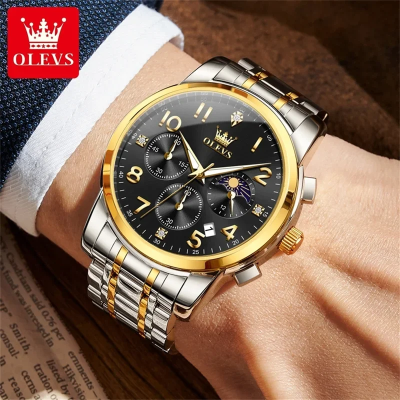 Olevs 3628 Moonphase men watch top luxury quartz watch waterproof stainless steel digital scale chronograph Reloj Hombre
