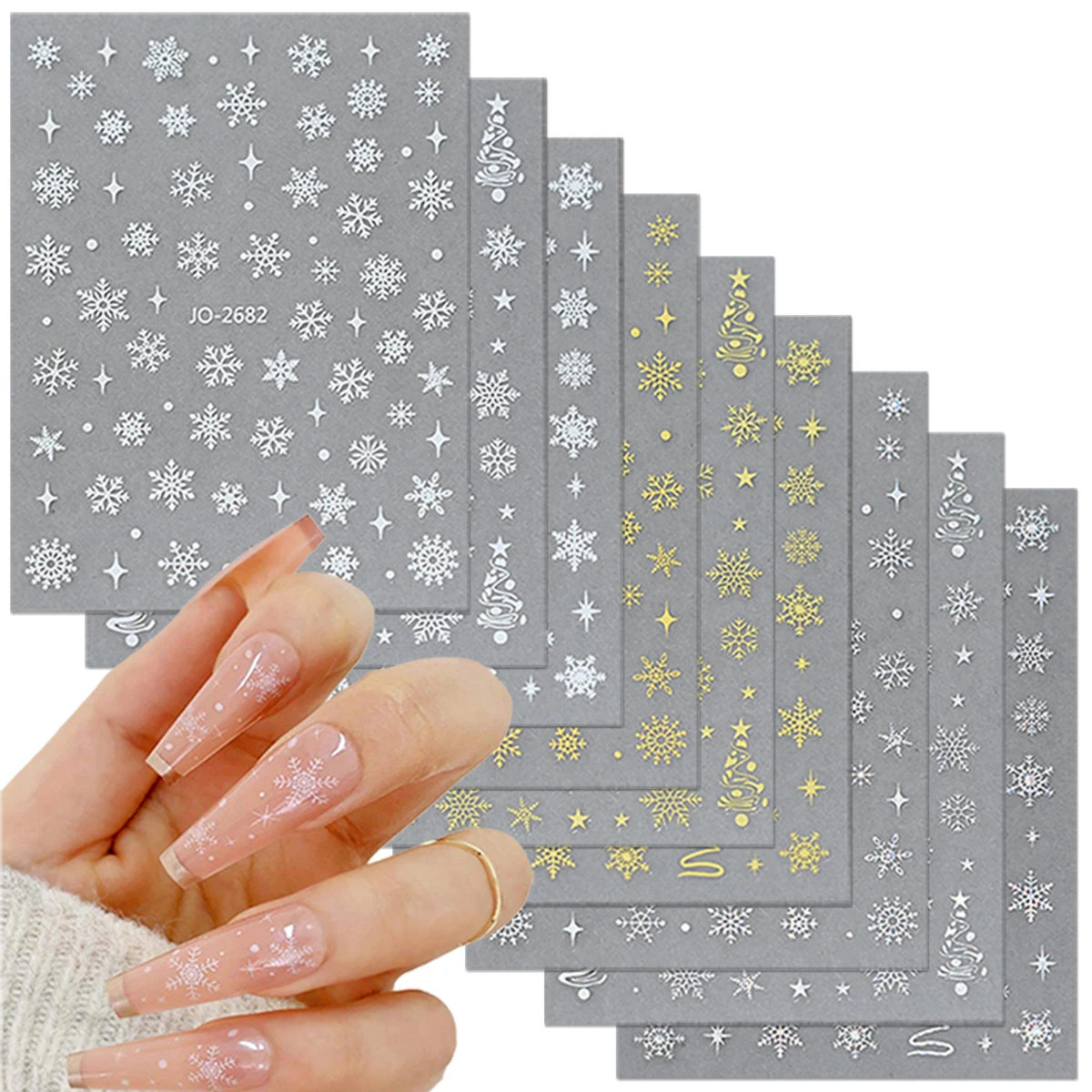 3/6/9 hojas de pegatinas 3D para decoración de uñas con copos de nieve, pegatinas láser plateadas y doradas para Navidad e invierno para mujeres, decoraciones para uñas DIY