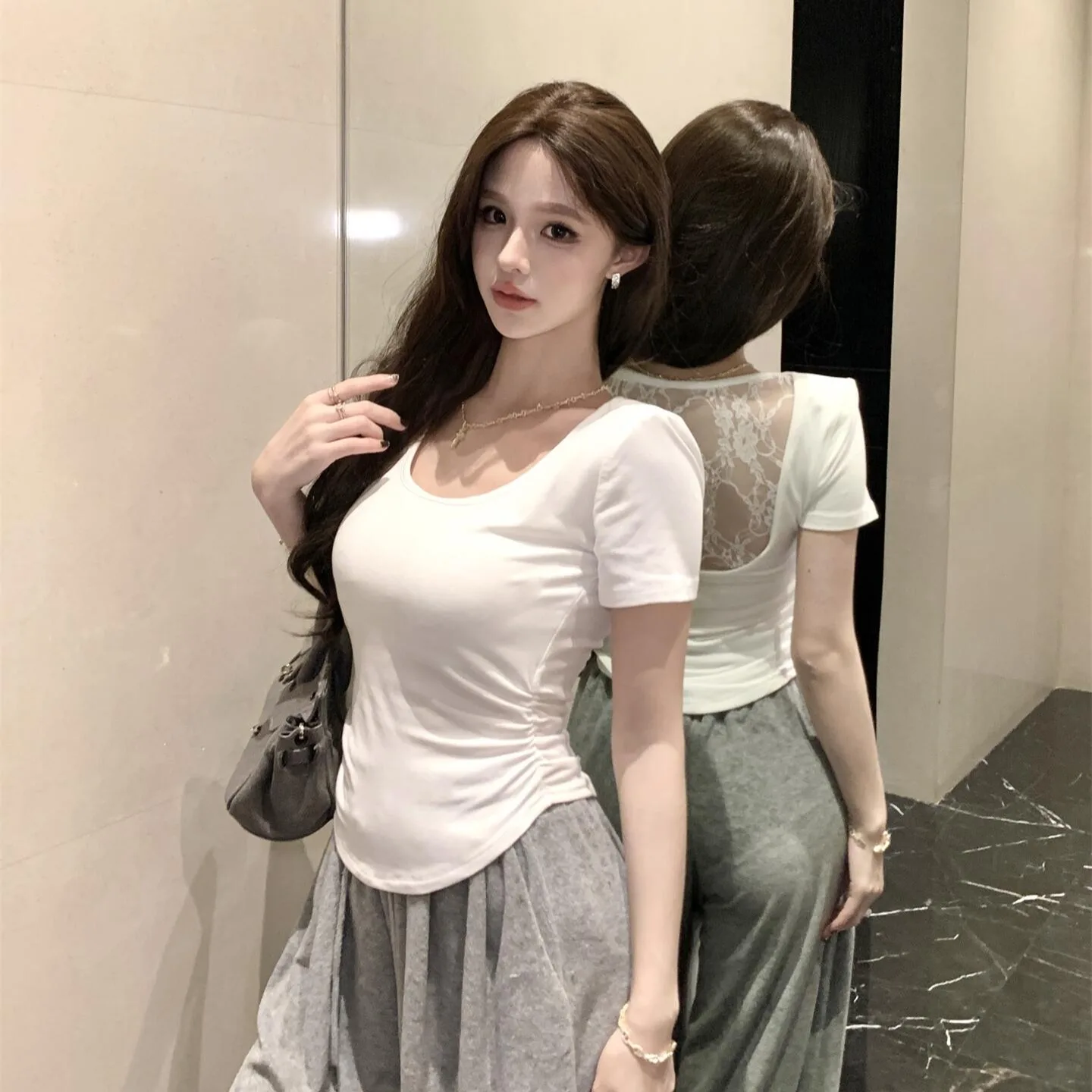 

Lace Splicing Short Sleeve T-Shirt Women Summer Pure Desirable Sexy U-Neck Slim Fit Short Style Top Cotton Blend Stretchy