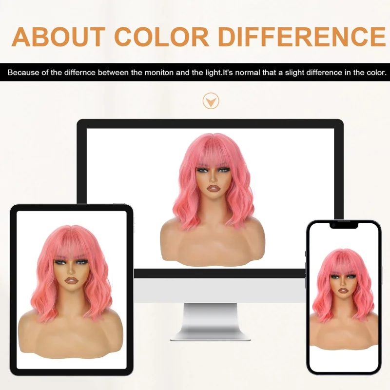 AGO Parrucca Bob ondulata rosa lunga fino alle spalle con frangia Capelli sintetici per le donne Festa quotidiana Cosplay Fibra resistente al calore