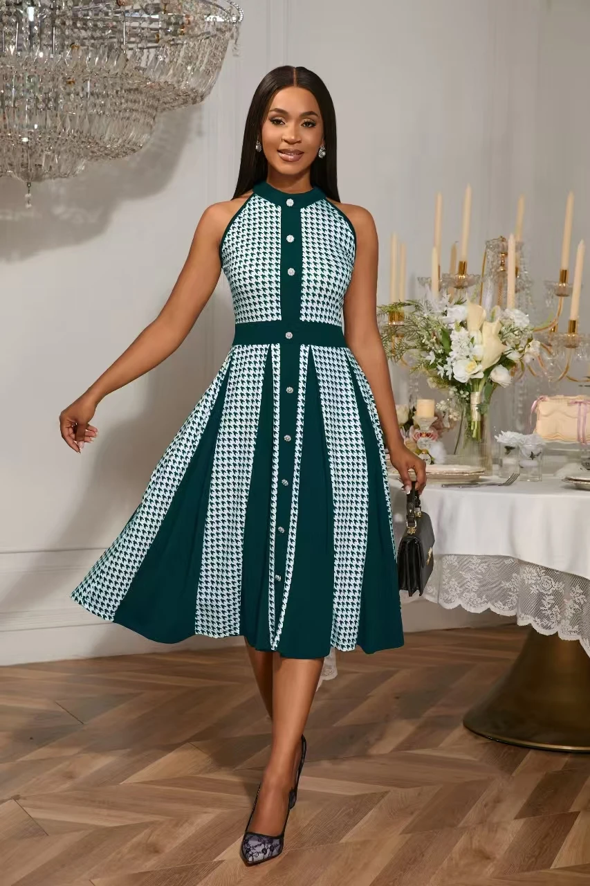 

2025 Fashion Stretch Retro Elegant Dress Houndstooth Neck Sleeveless Waisted Single-breasted Large Swing Mid-length Dress