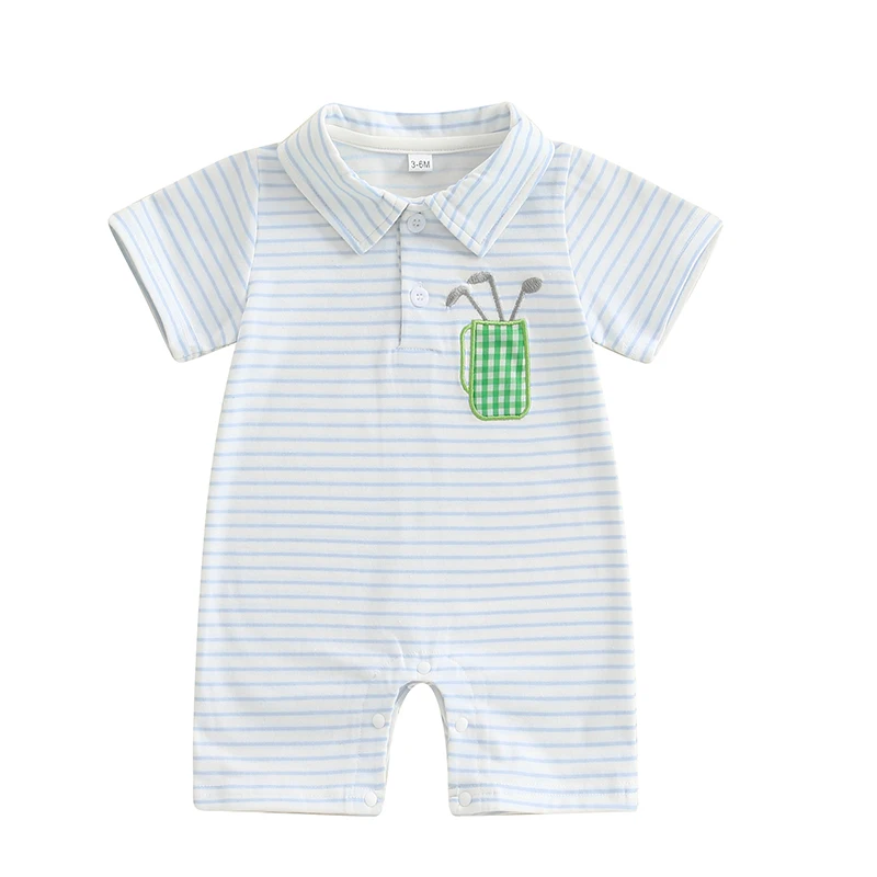 Baby Boy Golf Outfit Short Sleeve Golf Club Embroidery Romper Lapel Button Striped Bodysuit Jumpsuit Clothes