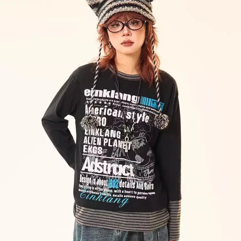 

Американская винтажная полосатая футболка, женские топы из двух предметов с длинными рукавами, весенние футболки с буквенным принтом в стиле Харадзюку в стиле гранж