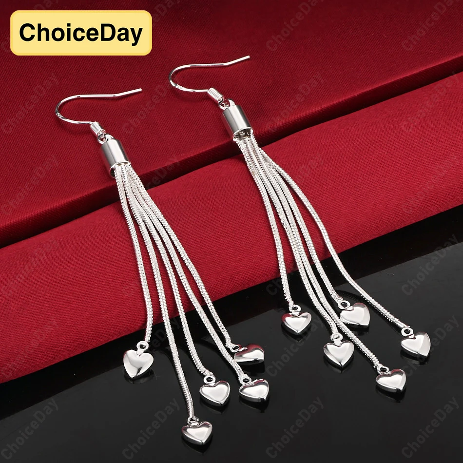 

ChoiceDay 925 Sterling Silver 70mm 5 Heart Shaped Dangle Earrings Women Tassel Accessories Party Wedding