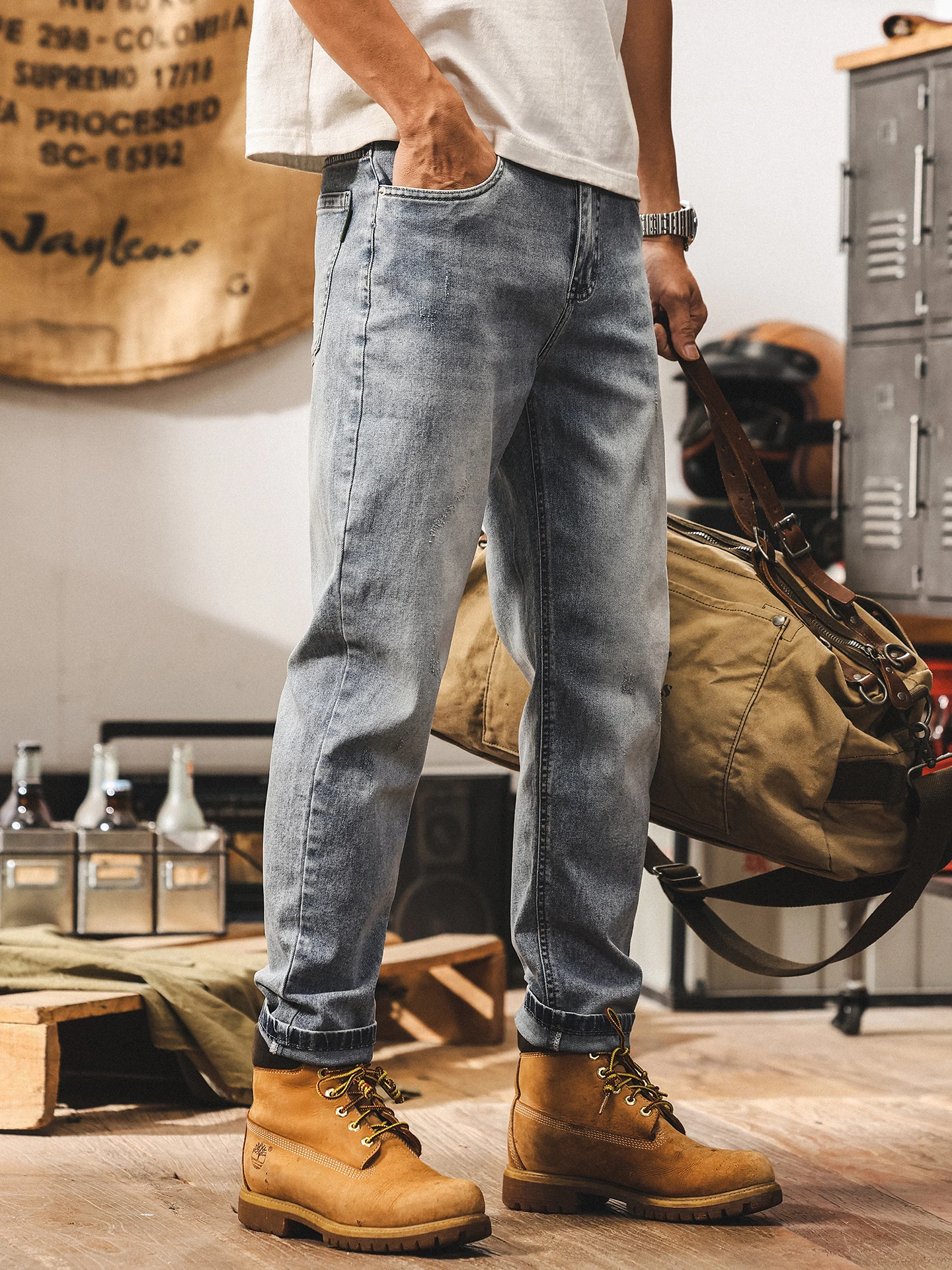 

Американские классические мужские прямые джинсы в стиле ретро, летние длинные повседневные брюки, свободный крой, дышащая смесь хлопка и полиэстера