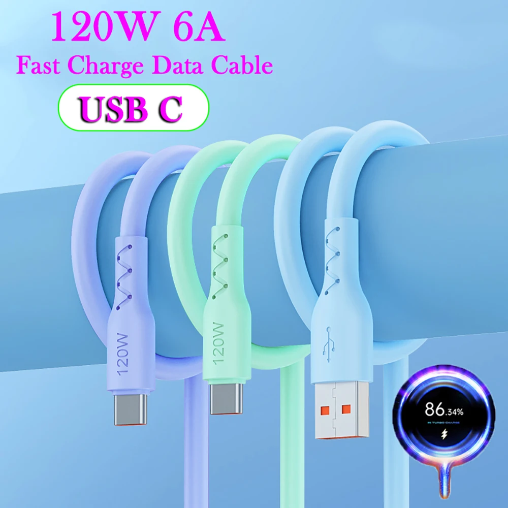 120W 6A Kabel USB typu C do superszybkiego ładowania Miękki silikon do Samsung Xiaomi Redmi Huawei Ładowarka do telefonu z systemem Android Przewód danych USB C