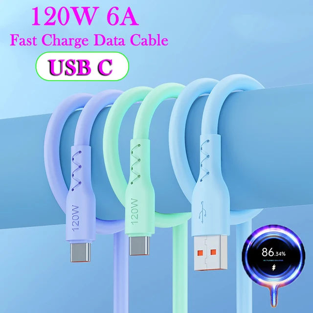 120W 6A Kabel USB typu C do superszybkiego ładowania Miękki silikon do Samsung Xiaomi Redmi Huawei Ładowarka do telefonu z systemem Android Przewód danych USB C