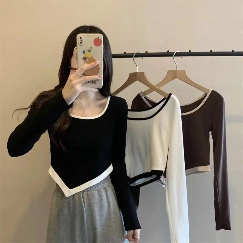 

Irregular Slim Short T-shirt Women's Clothing Contrasting Colors Spliced Spring Autumn Round Neck Casual Long Sleeve Pullovers