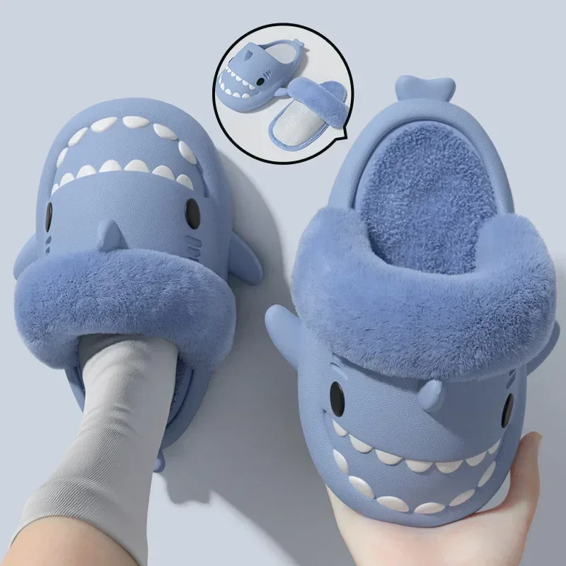 New Warm Shark Plush Slippers Winter Cartoon Cotton Shoes Children Detachable Waterproof Indoor Outdoor Plush Household Soft