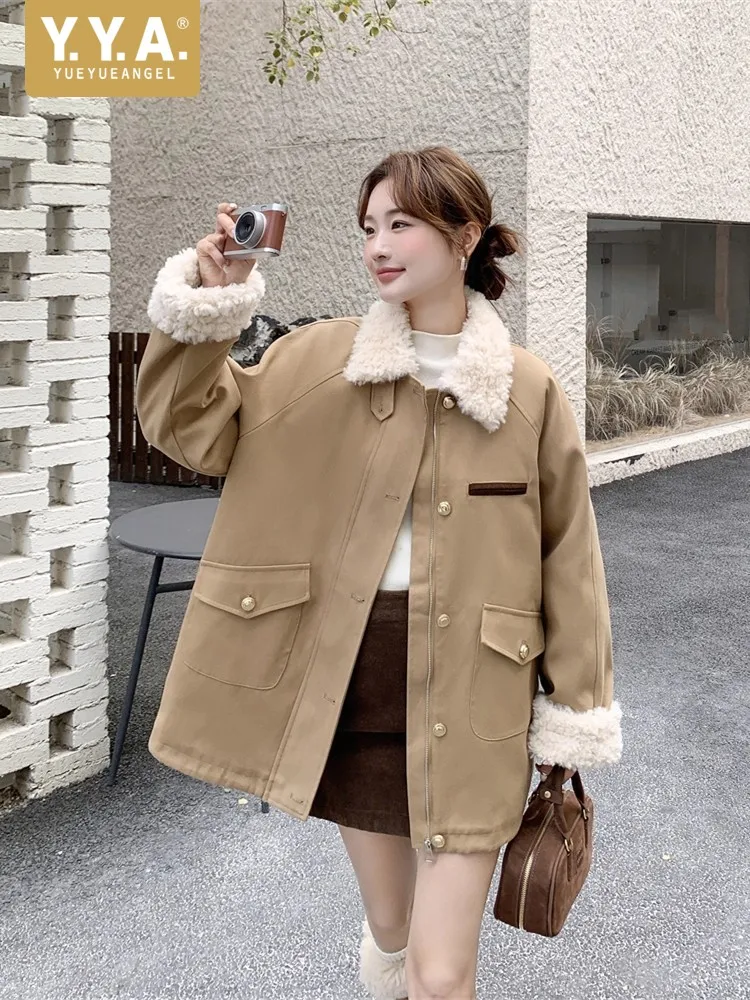 

Korean-style Warm Women Spliced Parkas Coat Turndown Collar Loose Fit Khaki Color Down Jacket Winter Zipper Mid-Length Overcoat