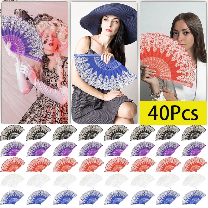 

40Pcs Elegant Vintage Retro Flower Rose Handheld Chinese Folding Fan for Dancing Ball Parties Ladies