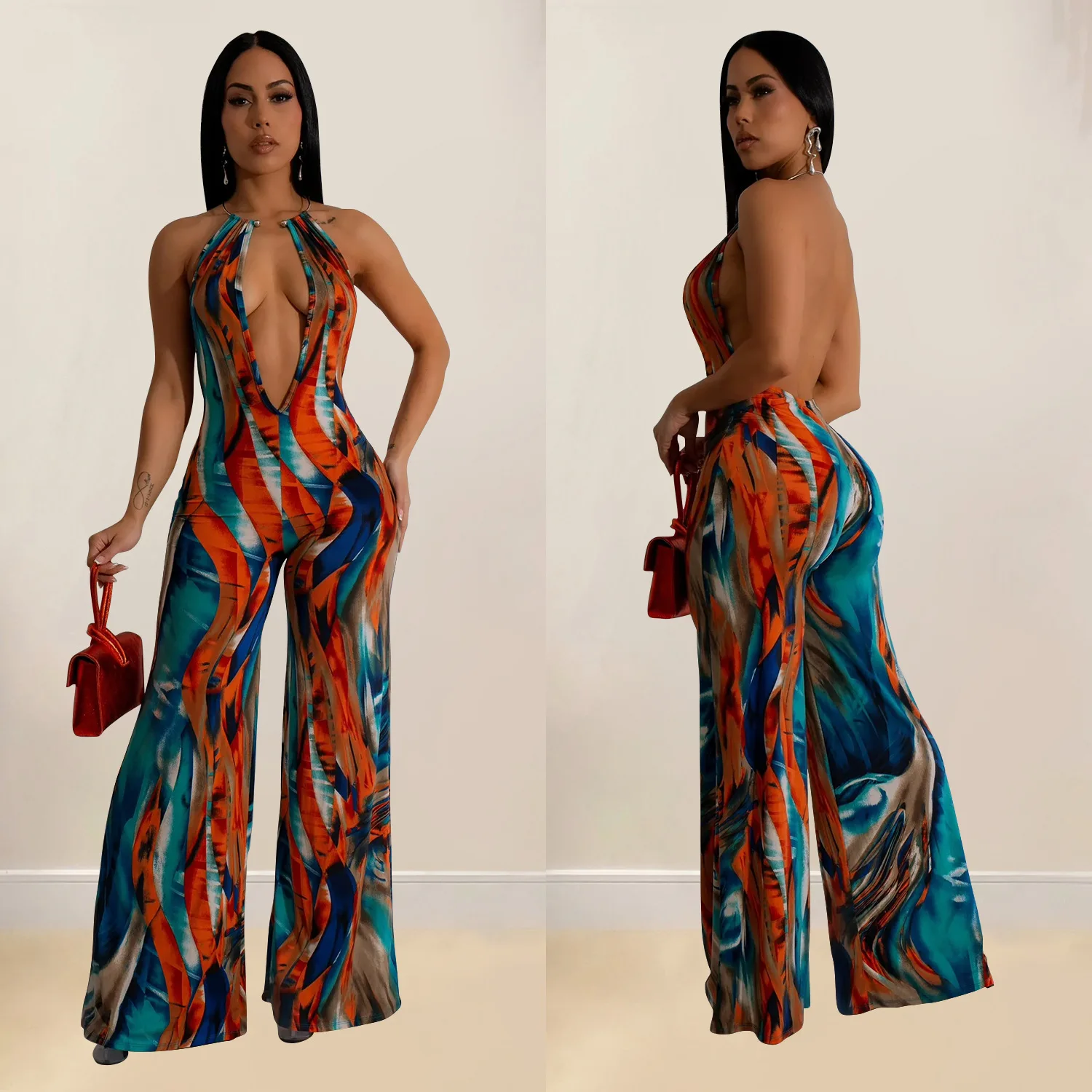 

European and American fashion women's clothing printed sleeveless deep V color matching backless long jumpsuit