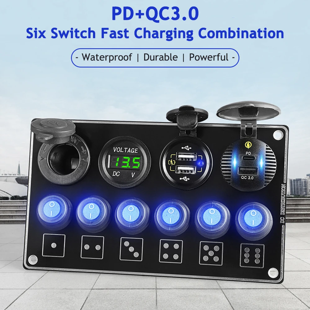 

24V 12V 6 Buttons Toggle Switch Panel with Digital Voltage Tester USB Charger QC3.0 Quick Charge Car Power Adapter Boat Caravan