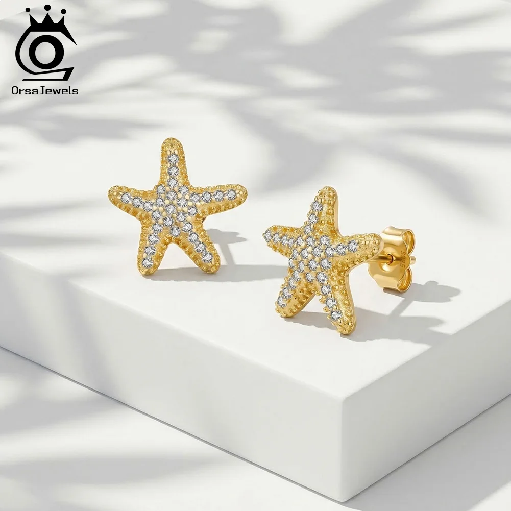 

ORSA JEWELS 925 Sterling Silver Fashion Shiny Starfish Stud Earrings for Women Star Shape Piercing Jewelry Accessories APE154