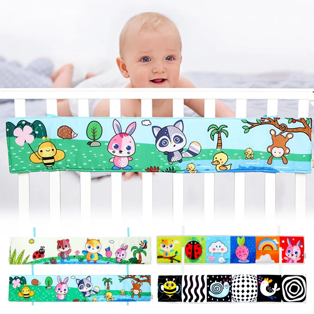 Baby Soft Cloth Book Double-Sided Crib Bumper Cloth Book High Contrast Crinkle Washable Tummy Time Book Toys for Infant Toddlers