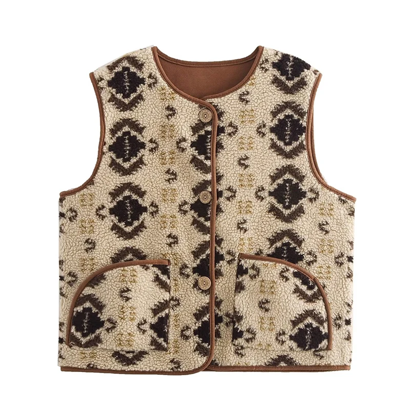 Vintage Geometry Printing Thick Waistcoat Front Button Lady Sleeveless Vest Coat Streetwear Faux Lamb Wool Winter Pocket Tops